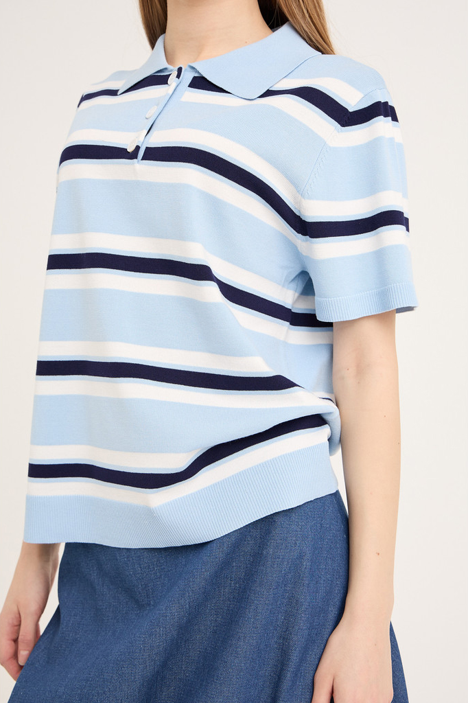 -view  -shirt Polo Stripe Knit Blouse Light Blue White Stripe i Store Plus Size Størrelser