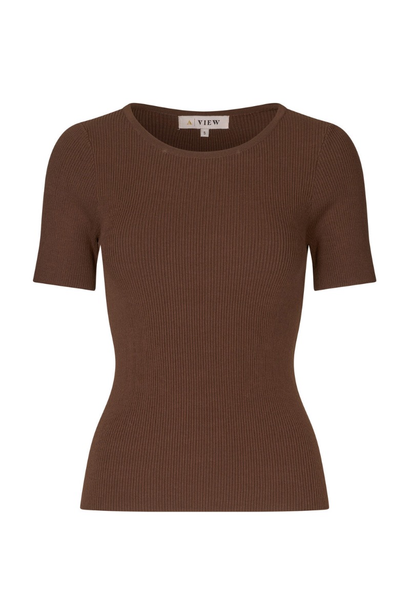 -view  -shirt Rib Knit Short Sleeve Top Brown i Store Plus Size Størrelser