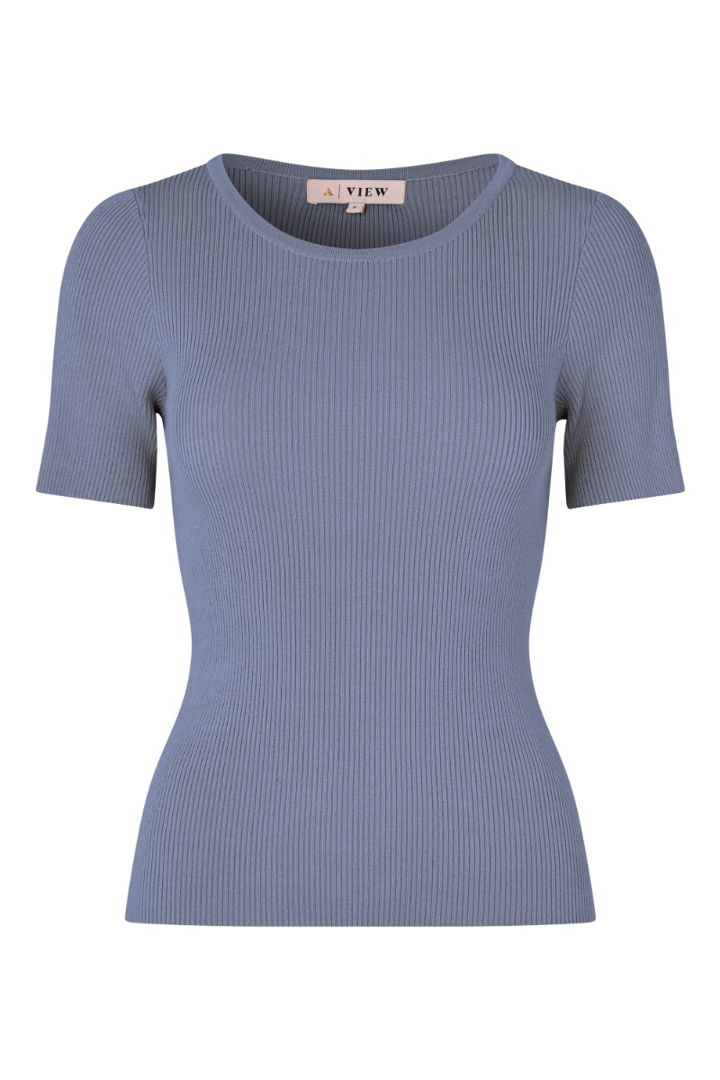 -view   -shirt Rib Knit Short Sleeve Top Dusty Blue i Store Plus Size Størrelser