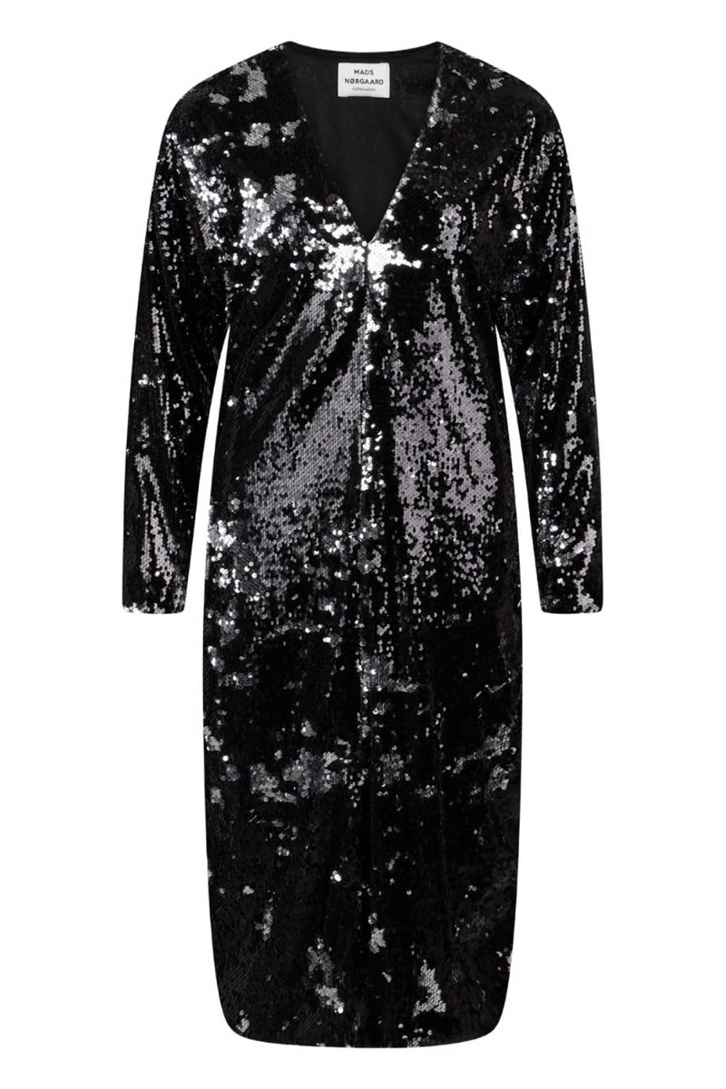 Mads Nørgaard Kjole Neo Sequins Phalia Dress Black Silver i Store Plus Size Størrelser