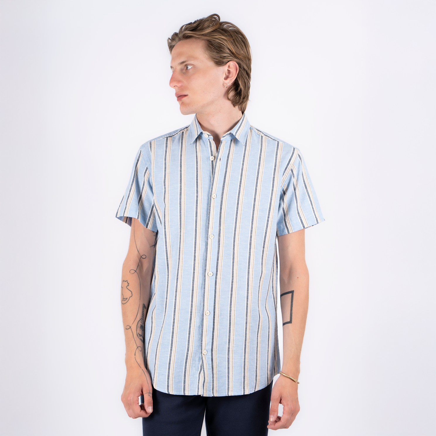 Marcus Aggasi Herre Kortærmet Skjorte   Hørmix Summer Blue   i Store Plus Size Størrelser