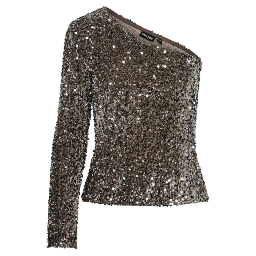 Pieces Dame Top Pckam Morel Silver Sequins i Store Plus Size Størrelser